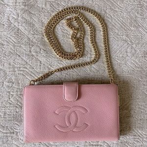 Chanel pink caviar lamb skin wallet on a chain